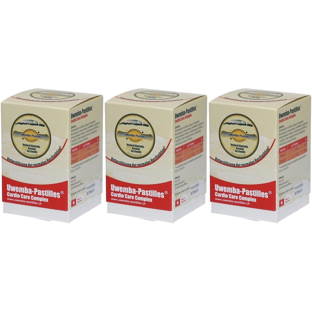 Drei quadratische Kartons. Aufschrift: Uwemba-Pastilles Cardio Care Complex. Logo mit Schriftzug. Rote und weiße Schrift.