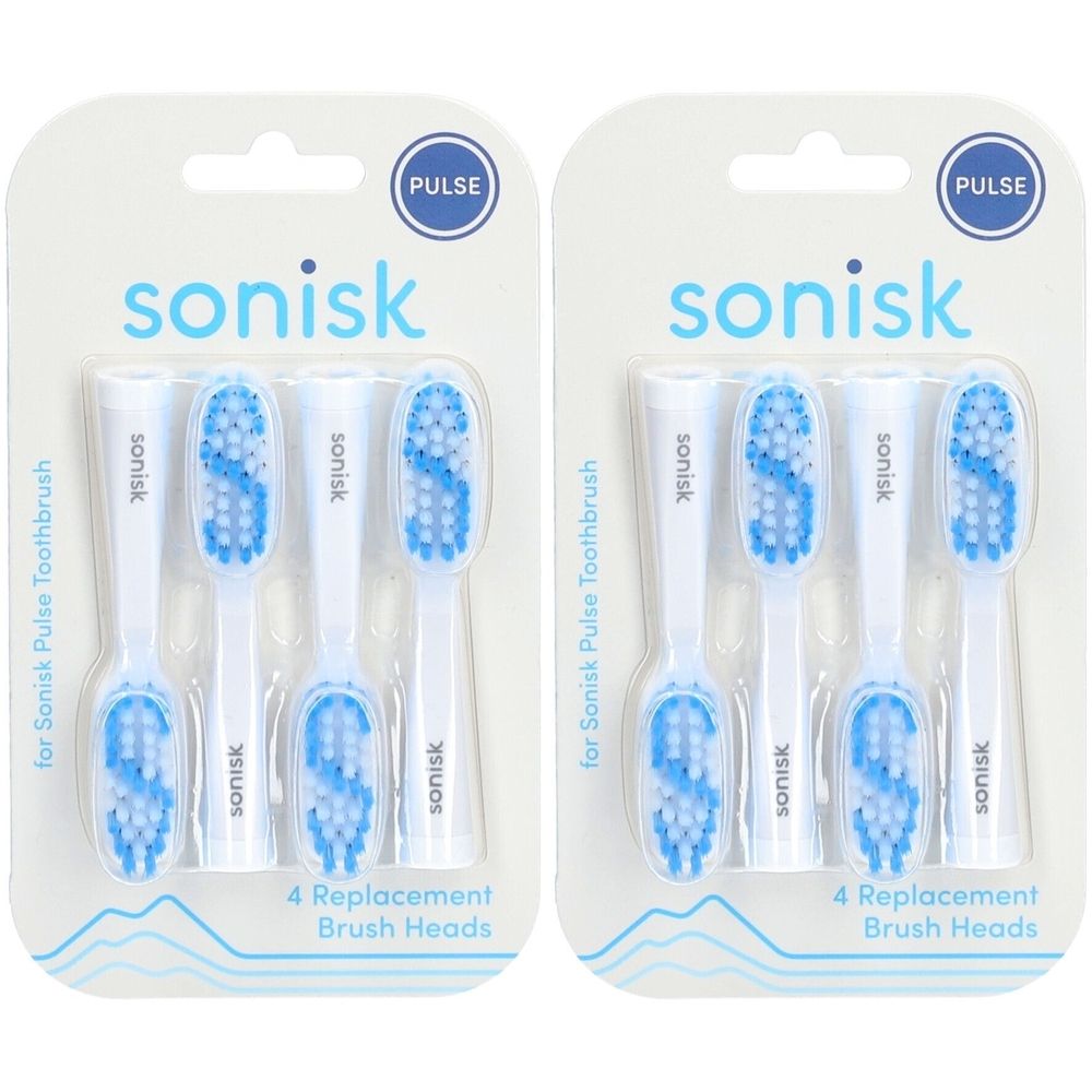 Zwei Packungen mit je vier weißen Ersatzzahnbürstenköpfen. Blaue Borsten. Marke: sonisk. Verpackung mit Aufhängeloch.
