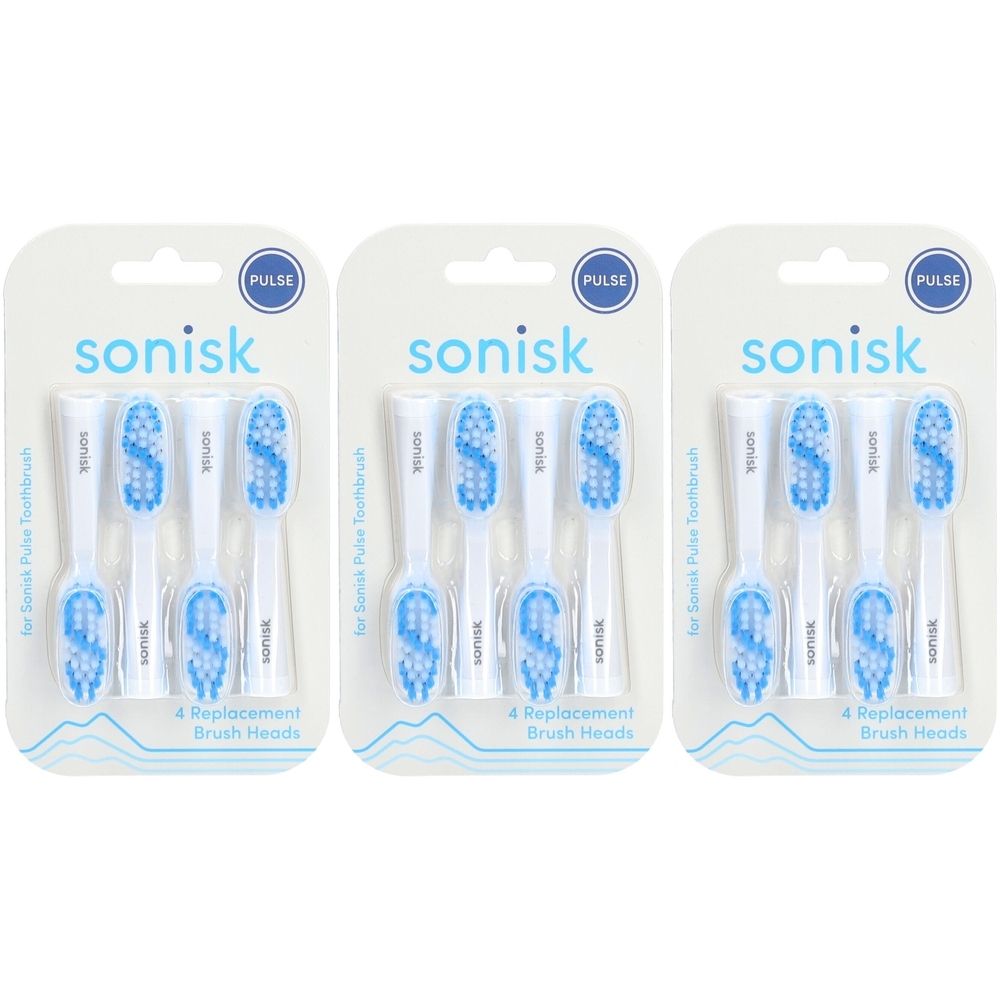 Drei Packungen mit weißen Zahnbürstenköpfen. Jede Packung enthält vier Ersatzbürstenköpfe mit blauen Borsten. Aufschrift: sonisk, PULSE.