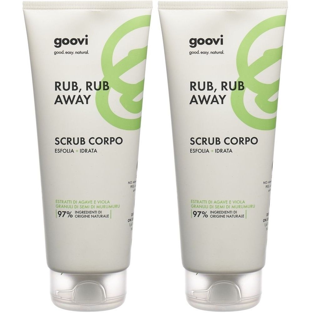 Zwei Tuben GOOVI Rub Rub Away Peeling. Weiße Tuben mit grünem Logo und Schriftzug. Text: Scrub Corpo, 97% Inhaltsstoffe natürlichen Ursprungs.