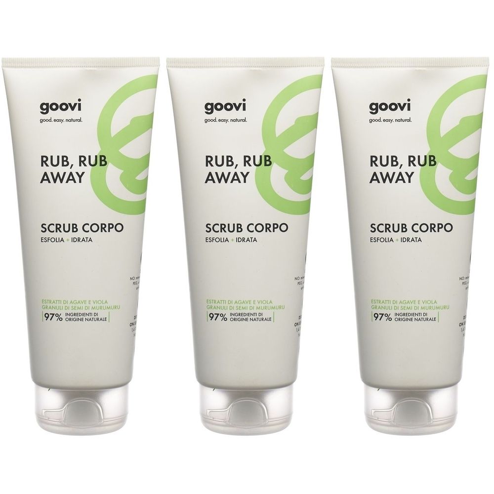 Trois tubes blancs. Sur chaque tube, "goovi", "RUB, RUB AWAY", "SCRUB CORPO". Graphique vert et blanc. 97% ingrédients d'origine naturelle.