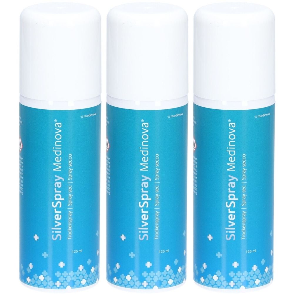 Trois flacons de spray SilverSpray Medinova. Étiquettes turquoise et blanches avec nom et texte. Têtes de pulvérisation blanches. 125 ml.