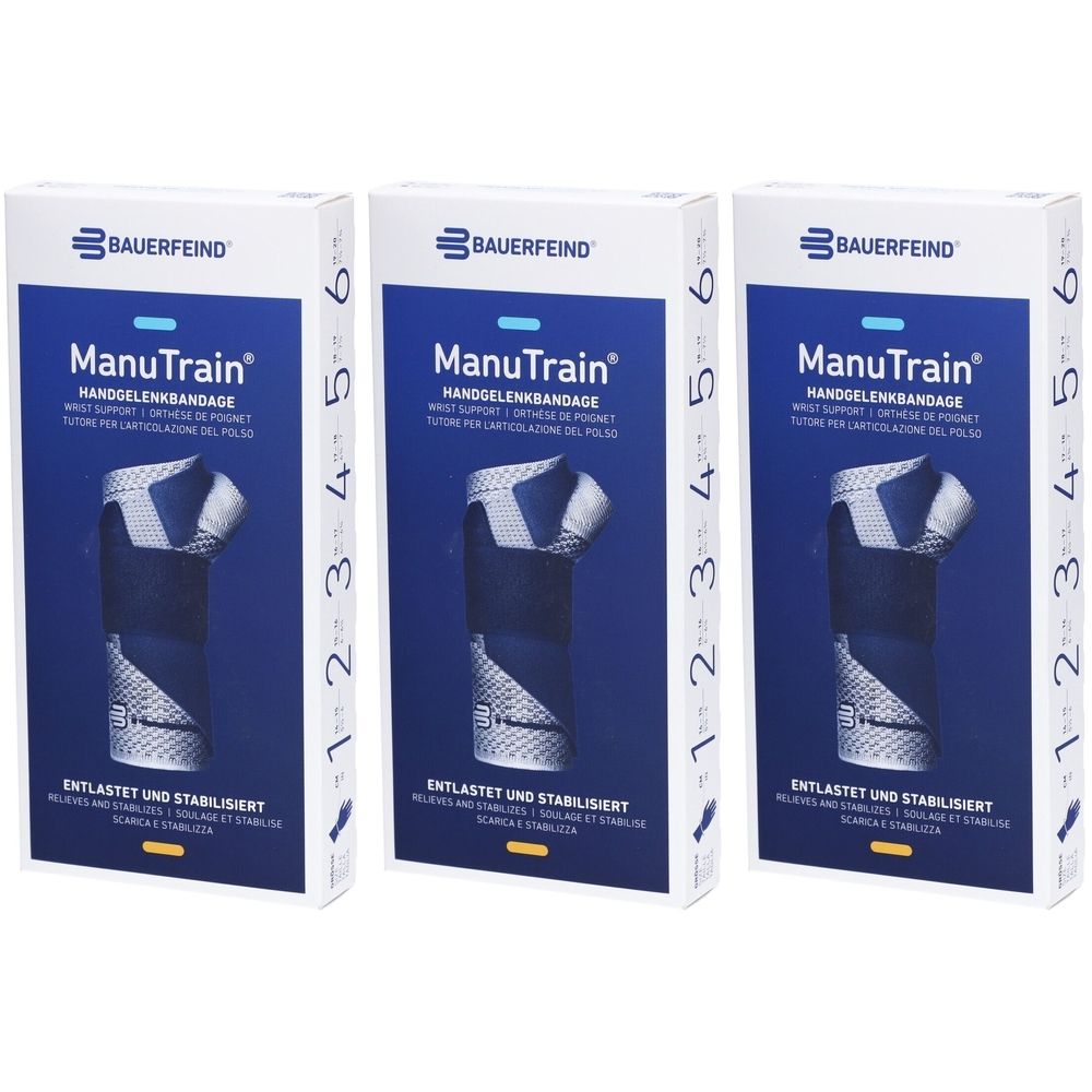 Trois boîtes de l'orthèse de poignet ManuTrain de Bauerfeind. Inscriptions : nom du produit, taille, logo et texte.