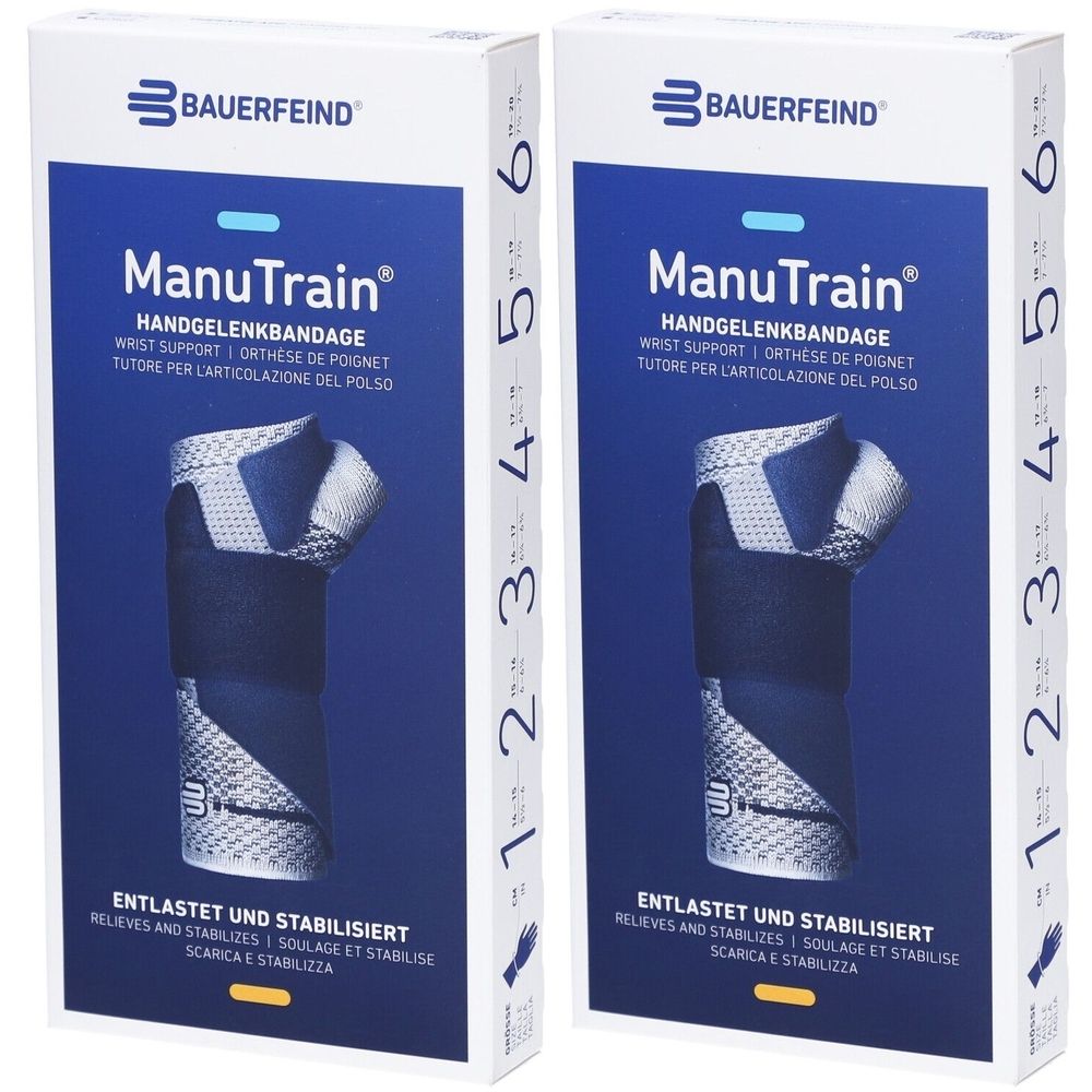 Deux boîtes de l'orthèse de poignet ManuTrain. Bandage bleu sur fond blanc. Texte: Bauerfeind, ManuTrain, orthèse de poignet.