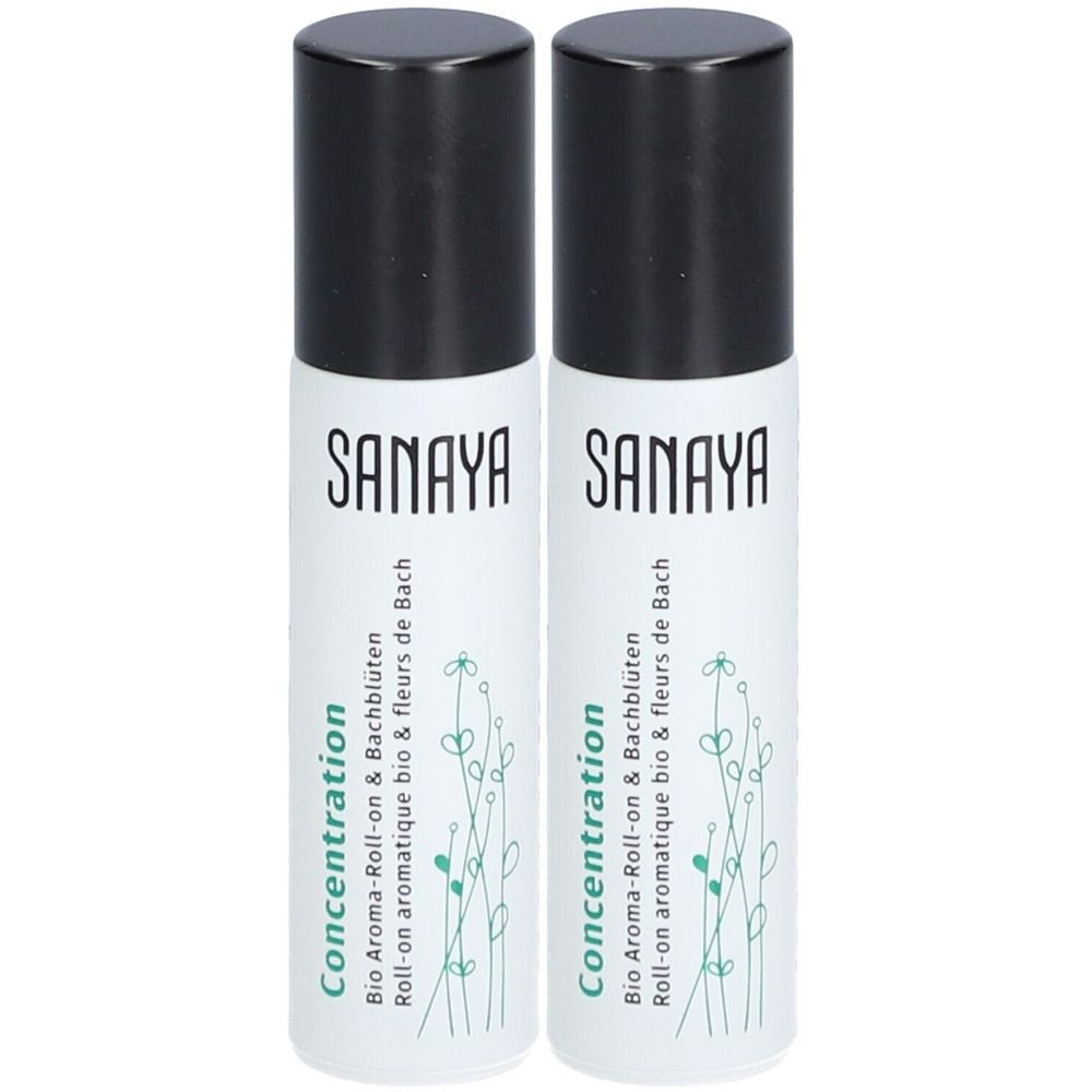 Zwei Roll-ons mit schwarzem Deckel. Aufschrift SANAYA, darunter „Concentration“. Text: Bio Aroma-Roll-on & Bachblüten.