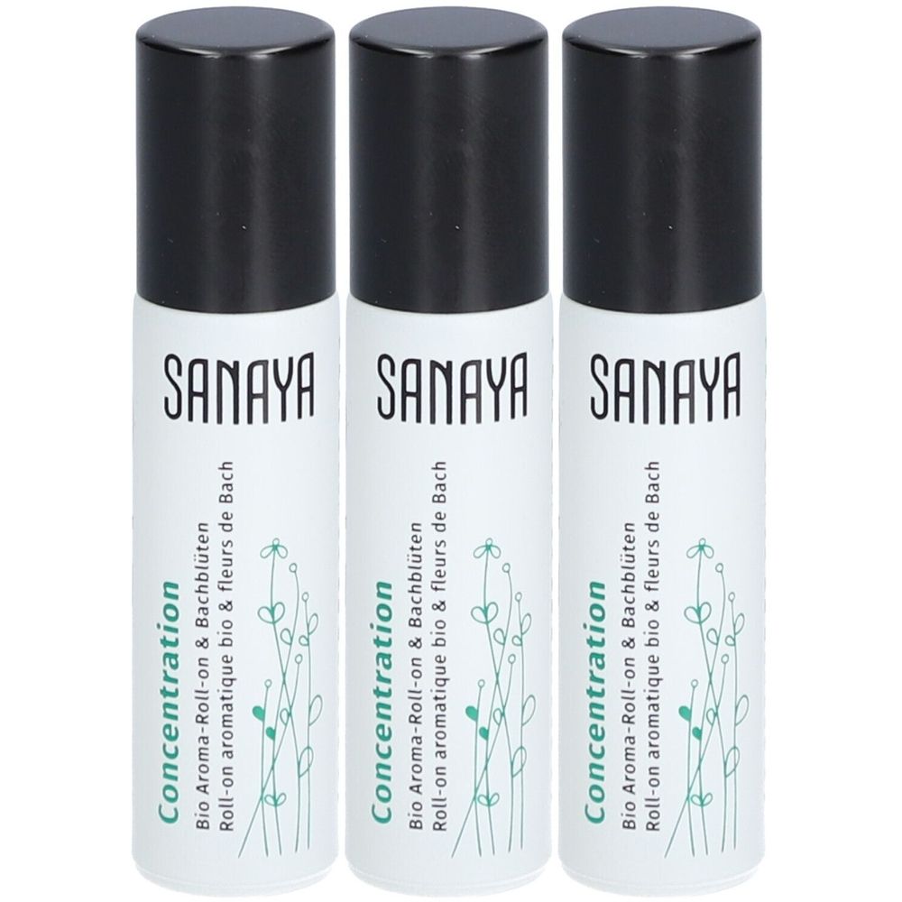 Drei Roll-on-Flaschen mit schwarzem Deckel. Aufschrift SANAYA, Concentration, Bio Aroma-Roll-on & Bachblüten. Weiße Flaschen mit floralem Design.