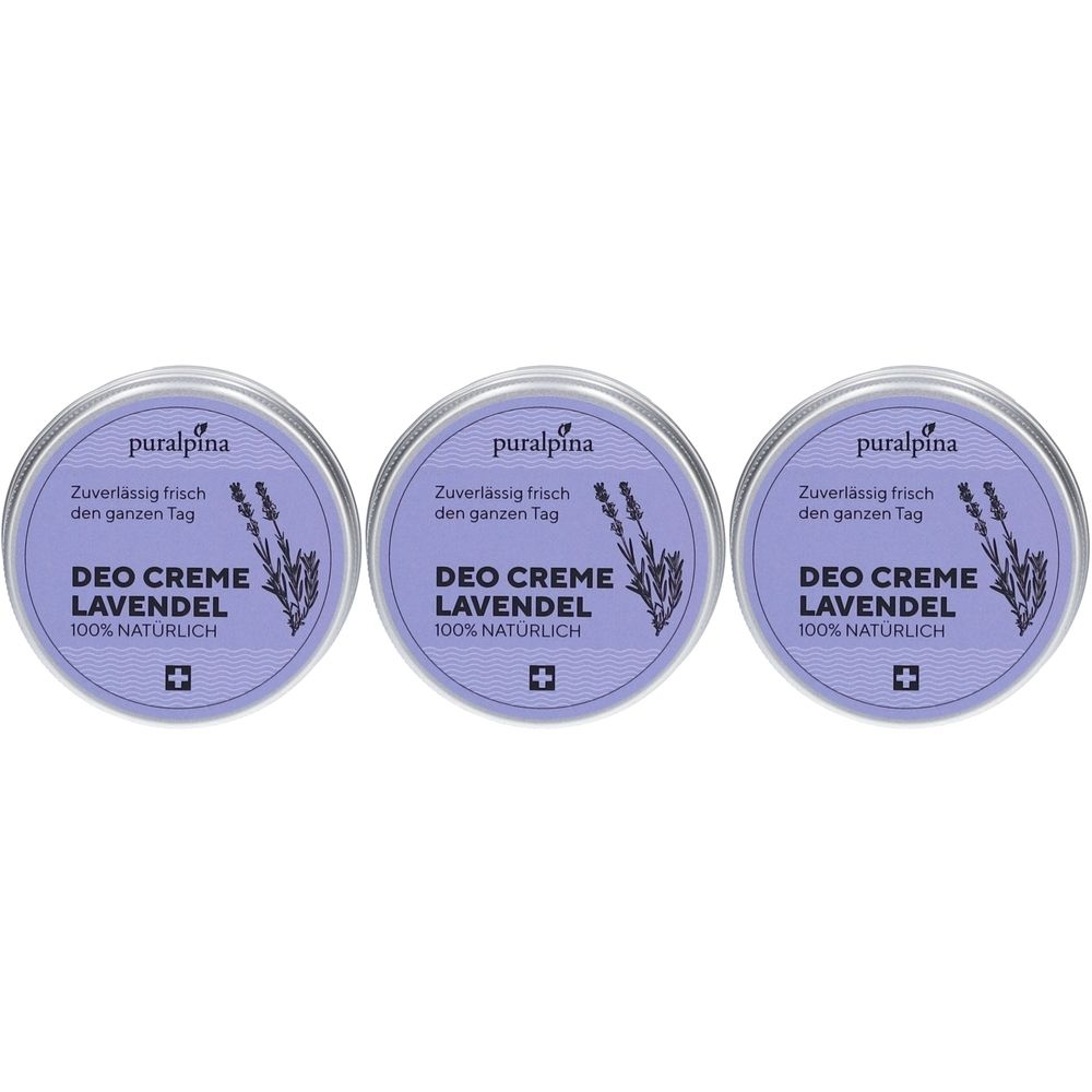 Drei runde Dosen mit lila Deckel. Aufschrift: Puralpina, Deo Creme Lavendel, 100% natürlich. Schweizer Kreuz.