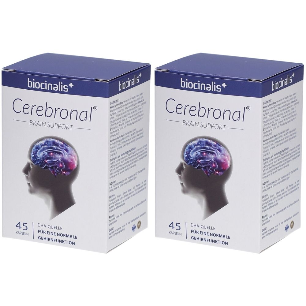 Zwei weiße Kartons mit blauer Oberseite. Aufschrift: biocinalis+ Cerebronal Brain Support. Abbildung eines Gehirns. Text: 45 Kapseln.