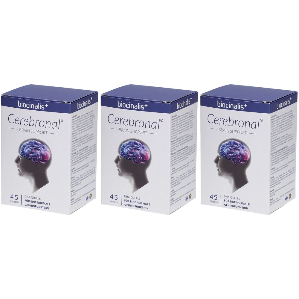 Drei Schachteln mit dem Produkt Cerebronal Brain Support. Auf jeder Schachtel sind ein Kopfprofil und Produktinformationen abgebildet.
