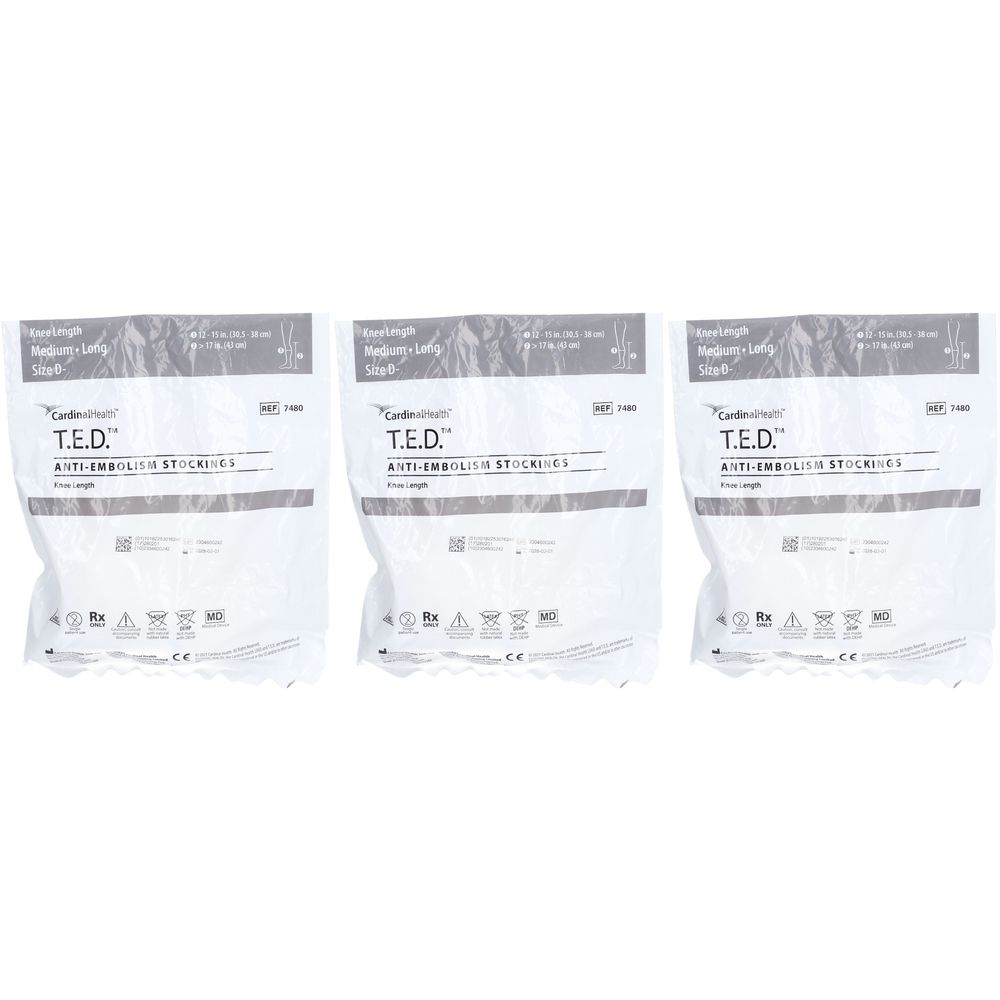 Trois bas anti-embolie T.E.D. emballés. L'emballage porte le nom du produit, la taille et des symboles.