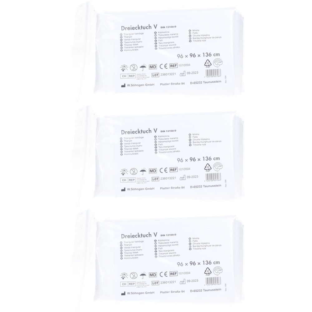 Drei weiße Dreiecktücher in Folienverpackung. Aufdruck: Dreiecktuch V, Maße 96 x 96 x 136 cm, CE-Kennzeichnung.