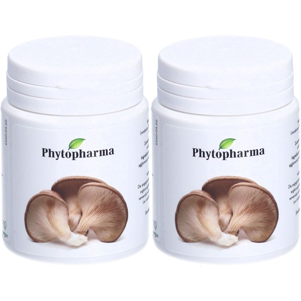 Deux flacons blancs avec bouchons à vis. Inscription: Phytopharma. Illustration de champignons. Nom du produit non visible.