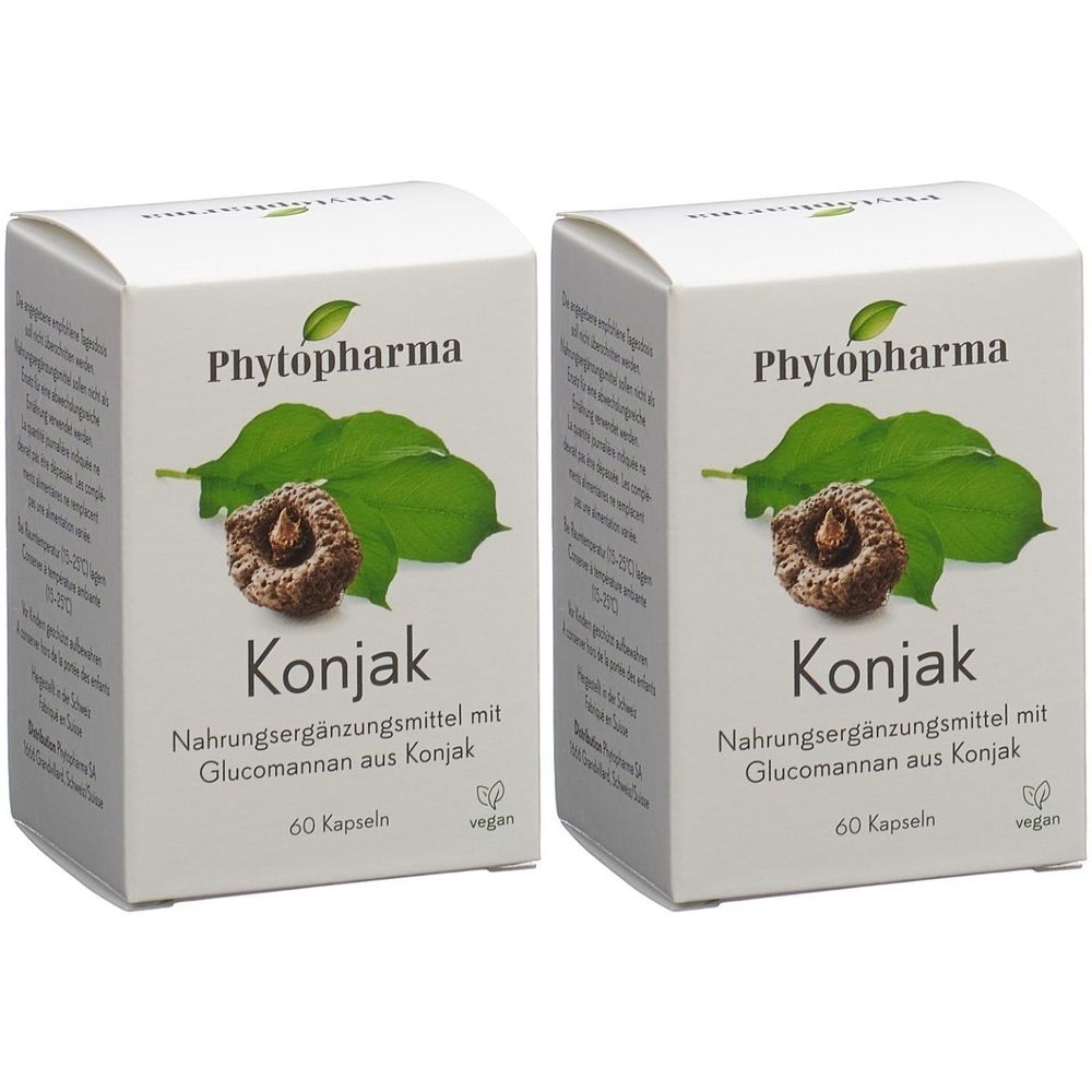 Zwei weiße Kartons mit "Phytopharma Konjak". Aufdruck: Nahrungsergänzungsmittel mit Glucomannan aus Konjak. 60 Kapseln. Vegan.