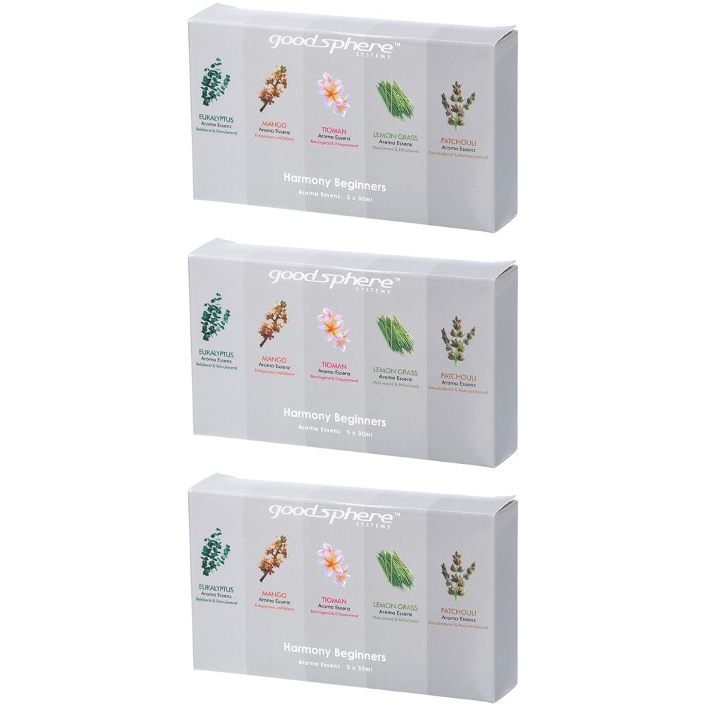 Trois boîtes de coffret d'huiles parfumées. Chaque boîte présente des illustrations de plantes. Inscription: Harmony Beginners.