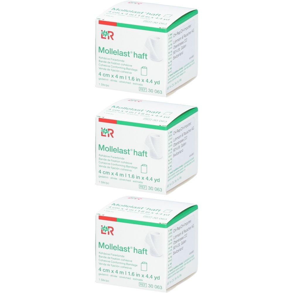 Drei Schachteln L&R Mollelast haft. Jede Schachtel zeigt 4 cm x 4 m. Weißes Verbandsmaterial. Grün-weiße Verpackung.
