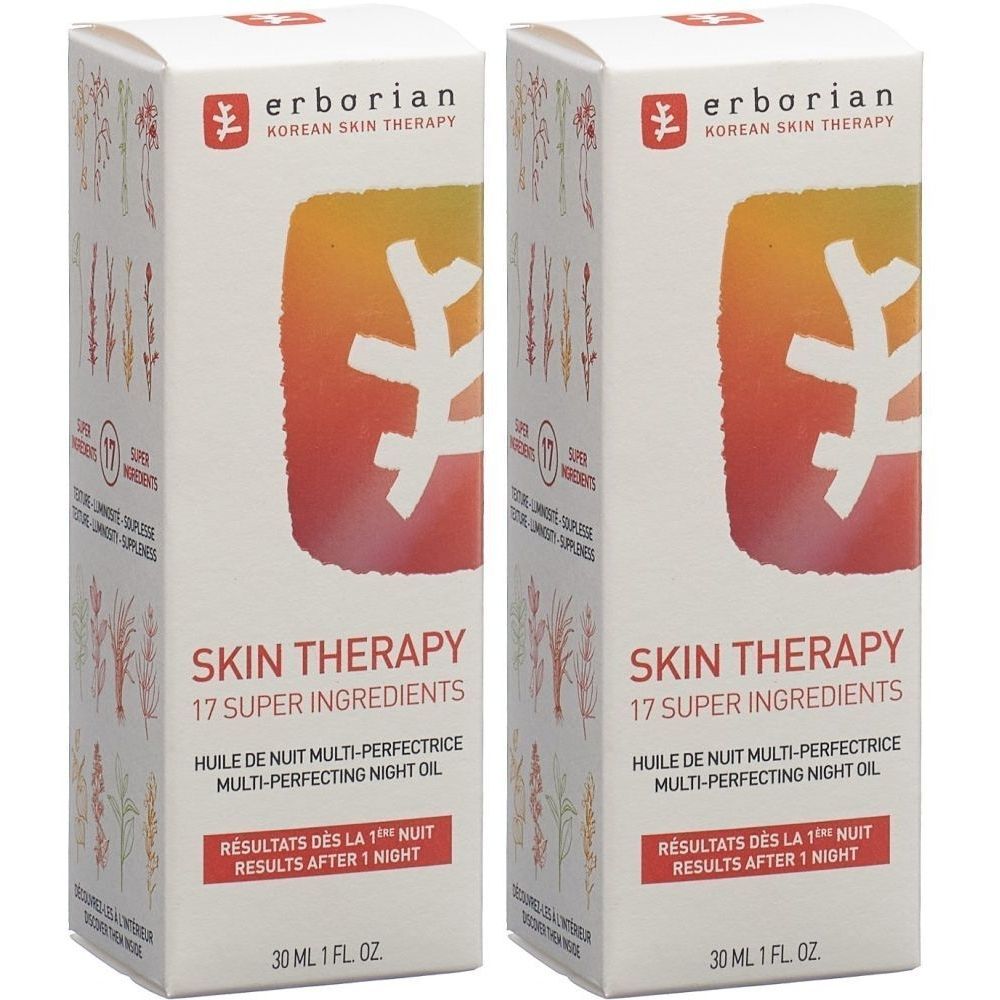 Zwei Schachteln mit "erborian KOREAN SKIN THERAPY". Aufschrift: SKIN THERAPY, 17 SUPER INGREDIENTS, 30 ml.