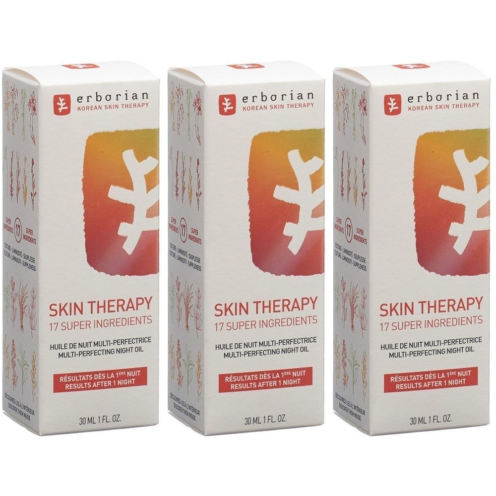 Drei Schachteln mit Hautpflegeöl. Aufschrift: Erborian Korean Skin Therapy, Skin Therapy, 17 Super Ingredients. 30 ml.