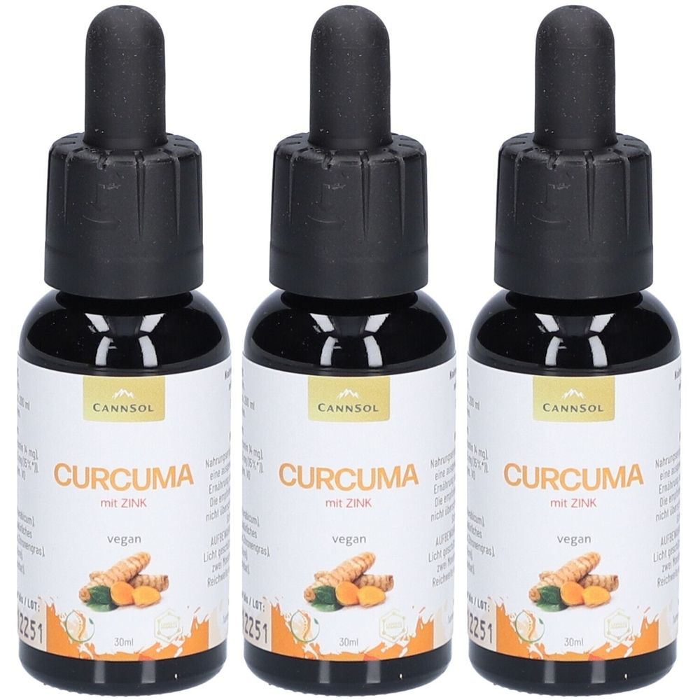 Drei Flaschen mit schwarzem Deckel und Pipette. Auf den Etiketten steht CURCUMA mit Zink, vegan. Marke: CANNSOL.