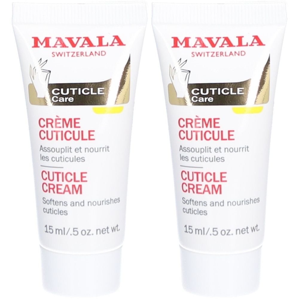 Zwei Tuben Mavala Nagelhautcreme. Weiß, mit roter und goldener Schrift. Aufschrift: Crème Cuticule, Cuticle Cream.