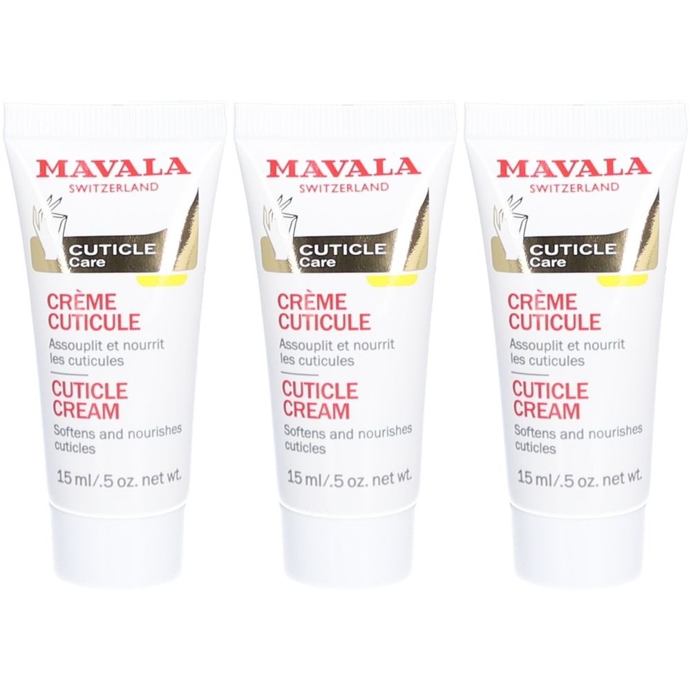 Drei Tuben Mavala Cuticle Cream. Weiße Tuben mit roter und goldener Schrift. Text: Crème Cuticule, Cuticle Cream.