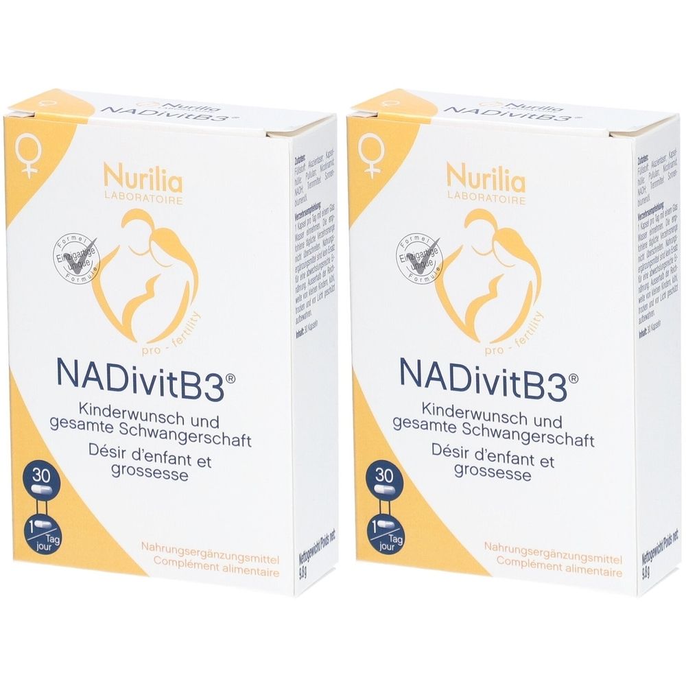 Zwei weiße Kartons mit gelben Akzenten. Aufschrift: Nurilia NADivitB3, Kinderwunsch und Schwangerschaft. 30 Tabletten.