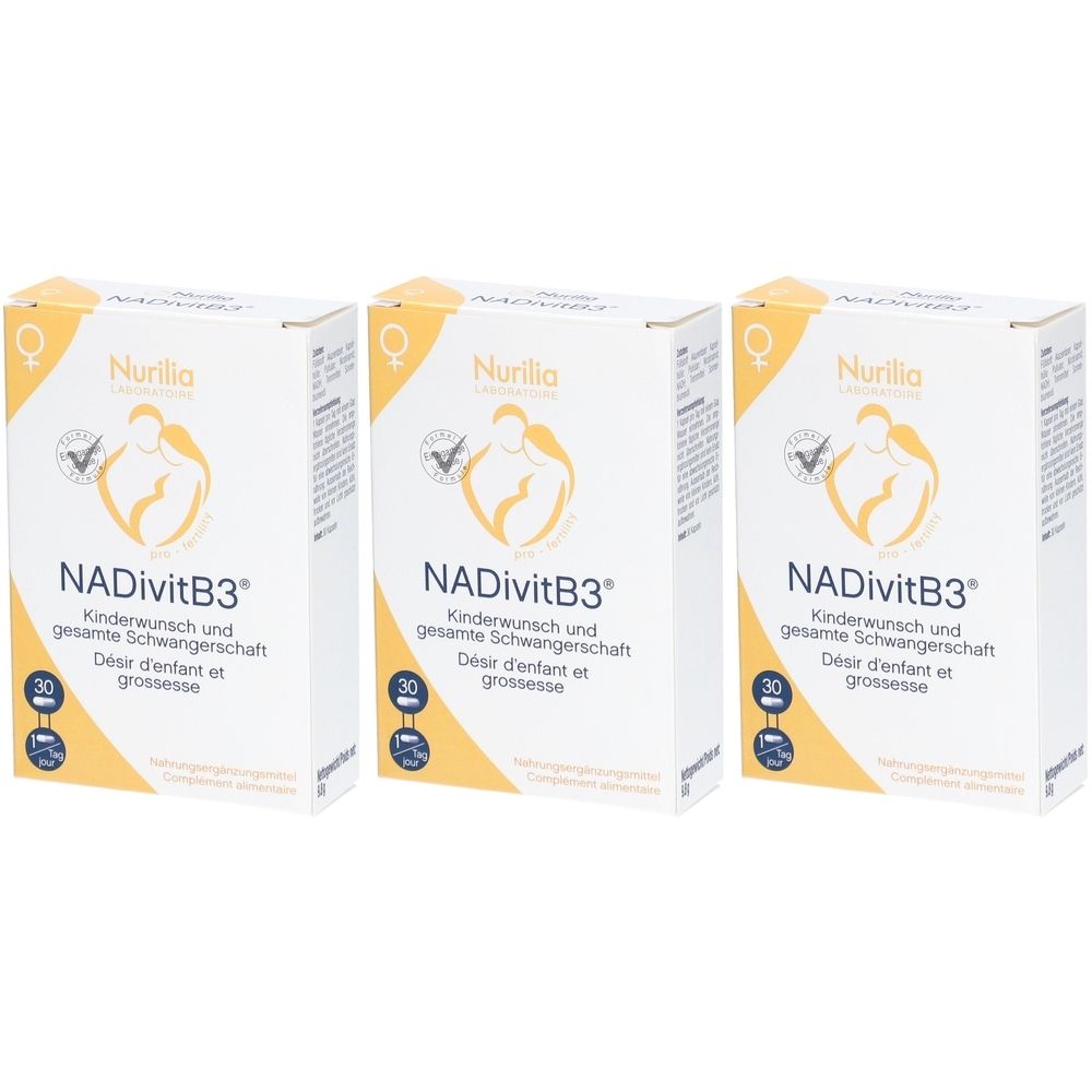 Drei weiße Kartons mit gelben Akzenten. Aufdruck: Nurilia, NADivitB3, Kinderwunsch und Schwangerschaft. 30 Tabletten. Logos.