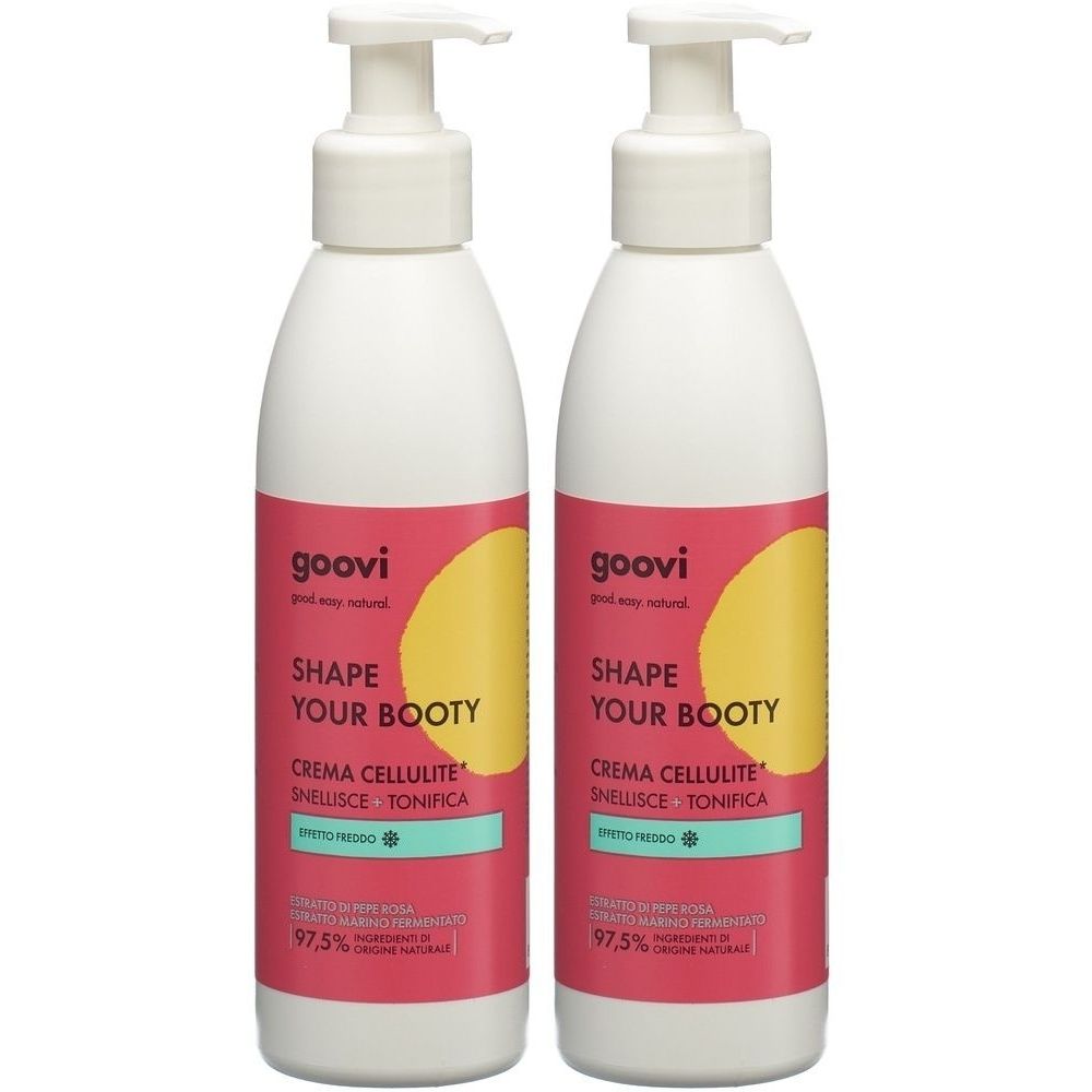 Deux flacons blancs avec pompe. Sur l'étiquette rouge : goovi, SHAPE YOUR BOOTY, Crème Cellulite. 97,5% ingrédients d'origine naturelle.