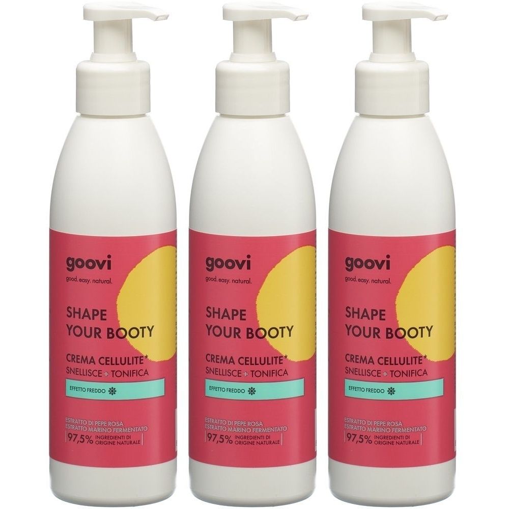 Trois flacons blancs avec pompe. Inscription : GOOVI, SHAPE YOUR BOOTY, CREMA CELLULITE SNELLISCE TONIFICA. Étiquette rose avec cercle jaune.