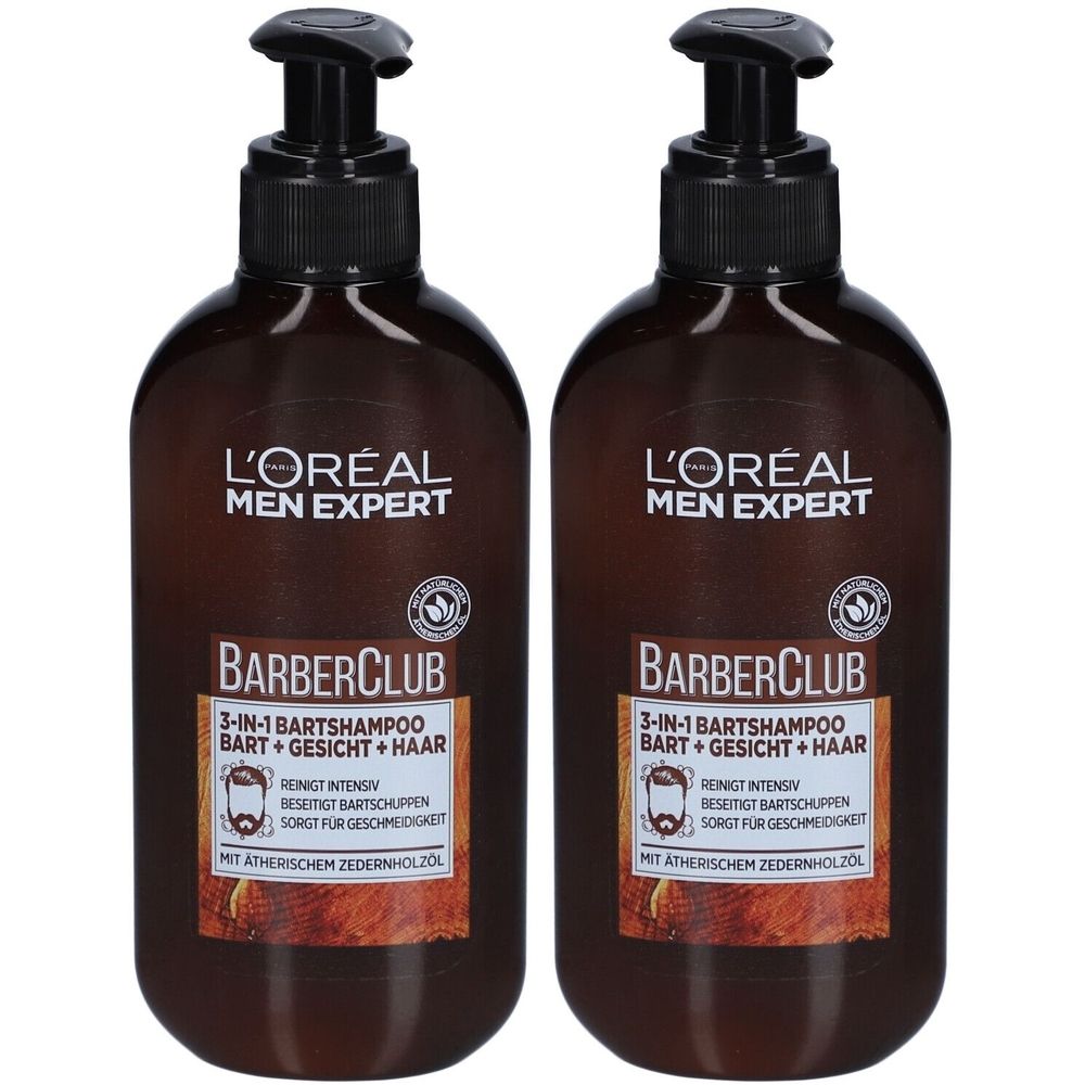 Zwei Flaschen L'Oréal Men Expert Barber Club 3-in-1 Bartshampoo. Braune Flaschen mit schwarzem Pumpkopf. Text: 3-in-1 Bart + Gesicht + Haar.
