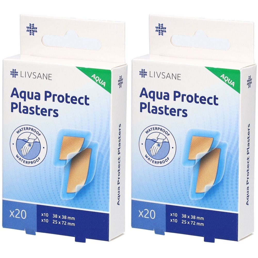 Zwei Packungen LIVSANE Aqua Protect Pflaster. Auf jeder Packung sind Pflaster abgebildet. Aufdruck: x20, x10 38x38 mm, x10 25x72 mm.