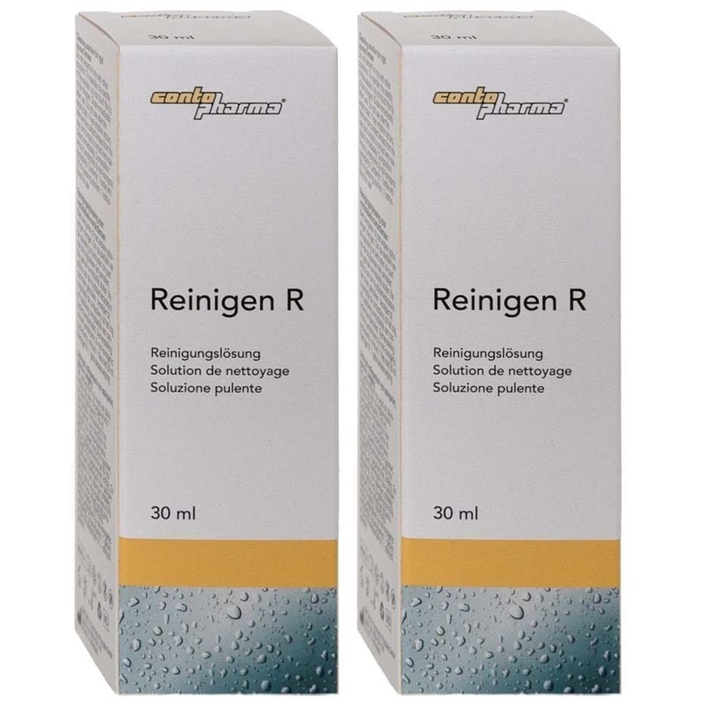 Zwei weiße Kartons mit Produktaufdruck. Oben links Logo "contopharma". Schriftzug "Reinigen R". Mehrsprachige Produktbezeichnungen. Unten "30 ml".