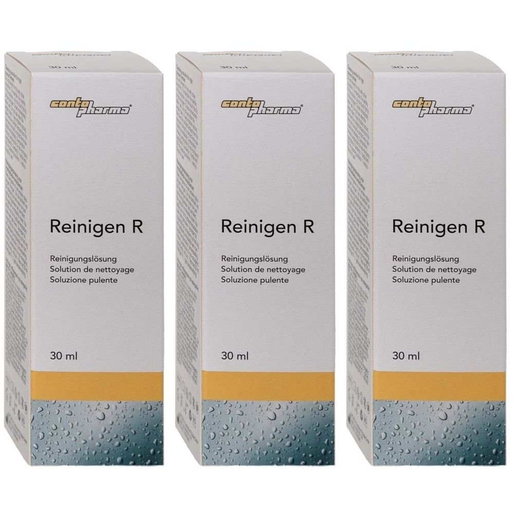 Drei weiße Kartons mit Produktaufdruck. Aufschrift: contopharma Reinigen R, Reinigungslösung, 30 ml.