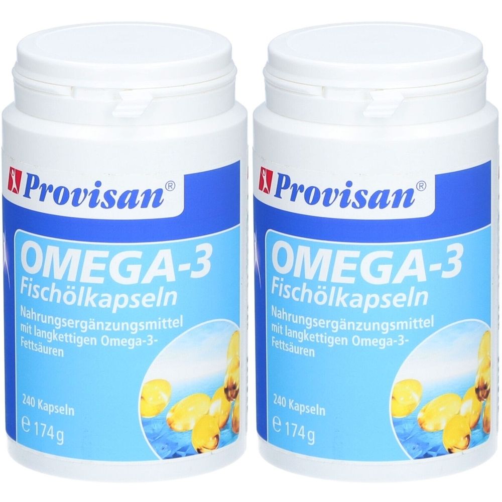 Deux flacons blancs avec étiquette bleue. Inscription : Provisan Omega-3 Fischölkapseln. 240 capsules. Complément alimentaire.