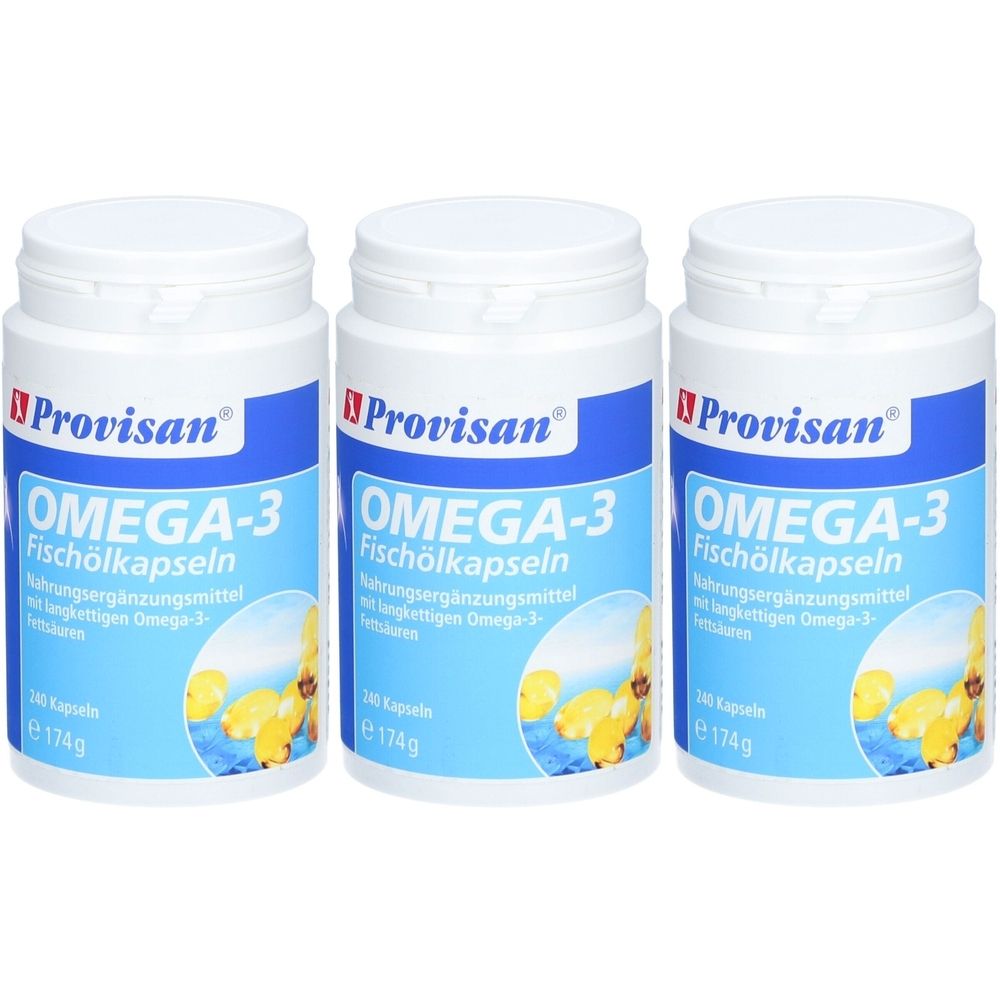Trois flacons blancs avec étiquette bleue. Inscription : Provisan Omega-3 Fischölkapseln. 240 gélules. Complément alimentaire.