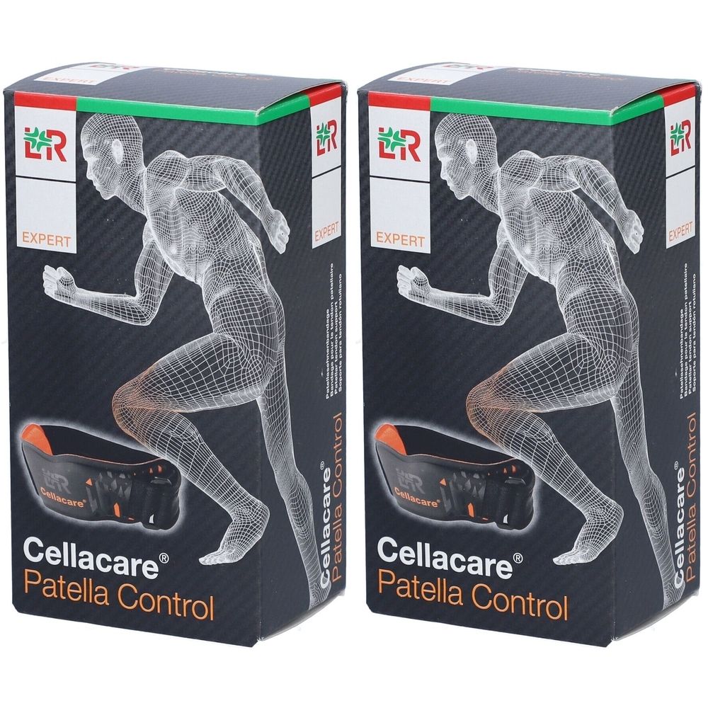 Deux boîtes de produit. Impression : Cellacare Patella Control. Illustration d'un coureur. Logo LR. Expert.
