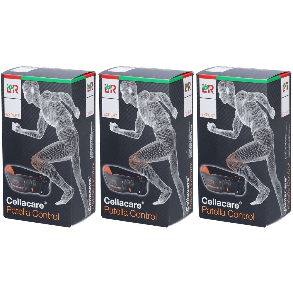 Trois boîtes Cellacare Patella Control. Chaque boîte présente un coureur. Les boîtes sont noires avec des accents verts et rouges.