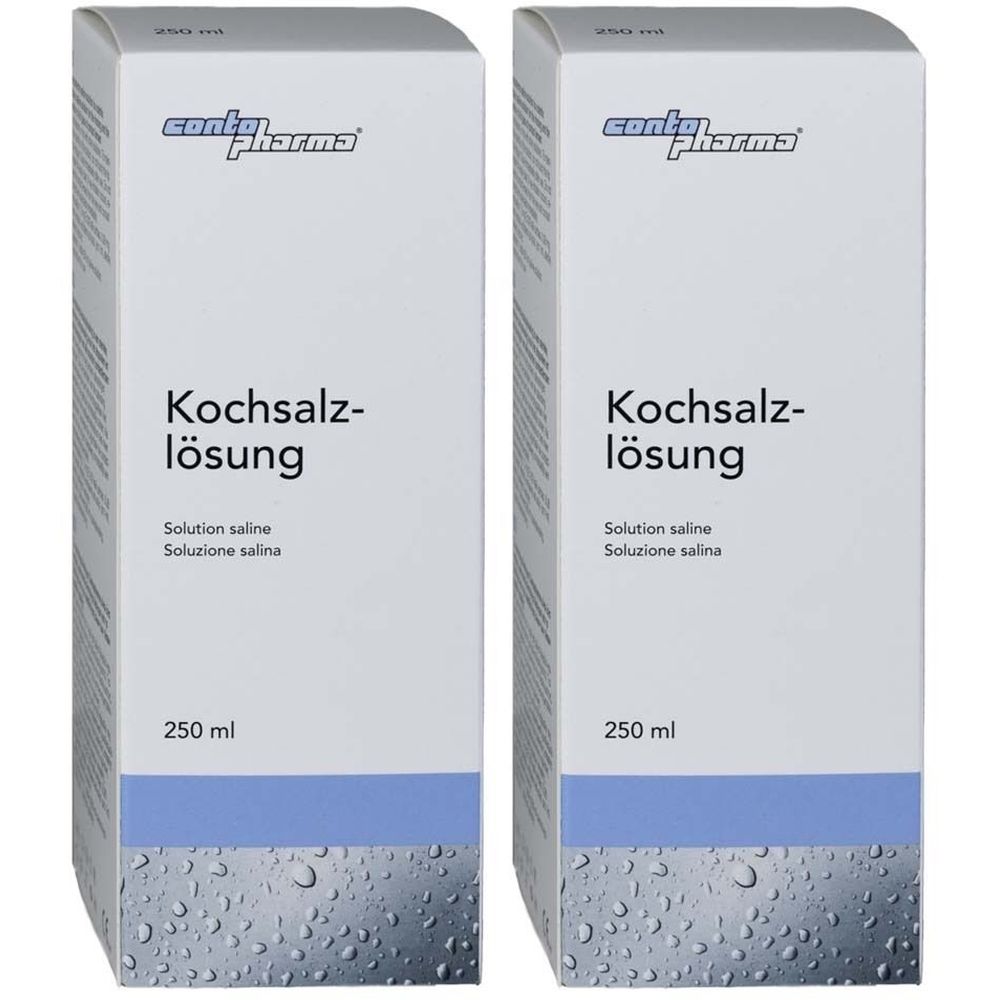 Zwei weiße Kartons mit blauer Markierung. Aufschrift: Kochsalzlösung, Solution saline, Soluzione salina. contopharma® Logo.