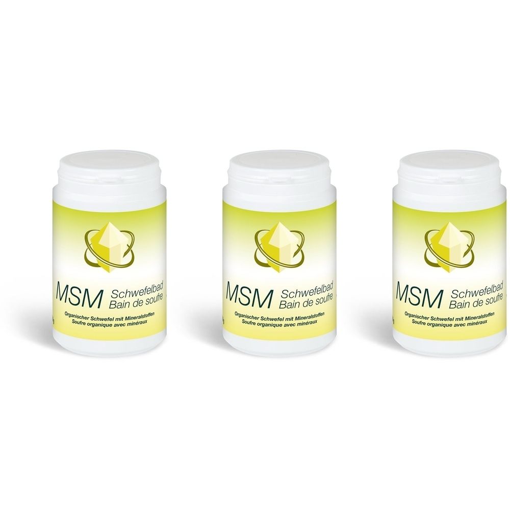 Trois contenants blancs avec étiquettes jaunes. Inscription: MSM, Bain de soufre. Soufre organique avec minéraux.