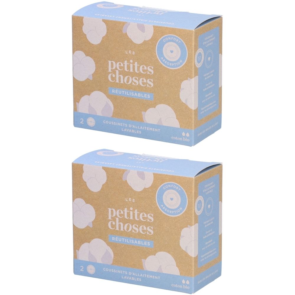 Deux boîtes "LES PETITES CHOSES". Inscriptions: réutilisables, coussinets d'allaitement, 2 pièces. Emballage brun clair, couvercle bleu.
