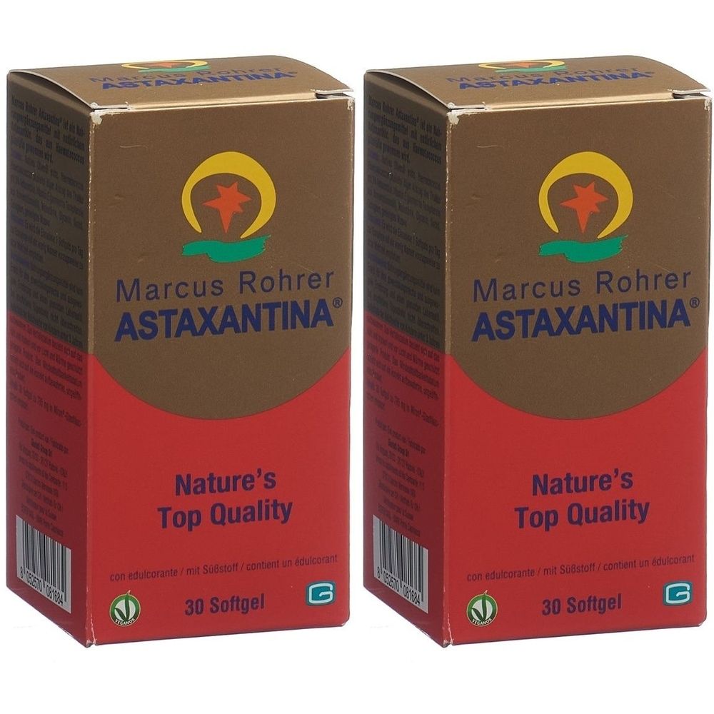 Zwei Schachteln mit "Marcus Rohrer Astaxantina". Braune und rote Verpackung mit Logo und Text. "Nature's Top Quality" und "30 Softgel".