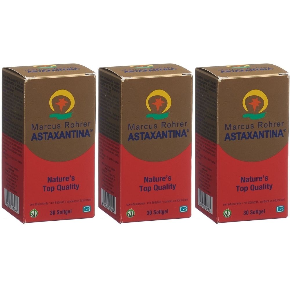 Drei Schachteln Marcus Rohrer Astaxantina. Aufschrift: Nature's Top Quality. Jede Schachtel enthält 30 Softgel.