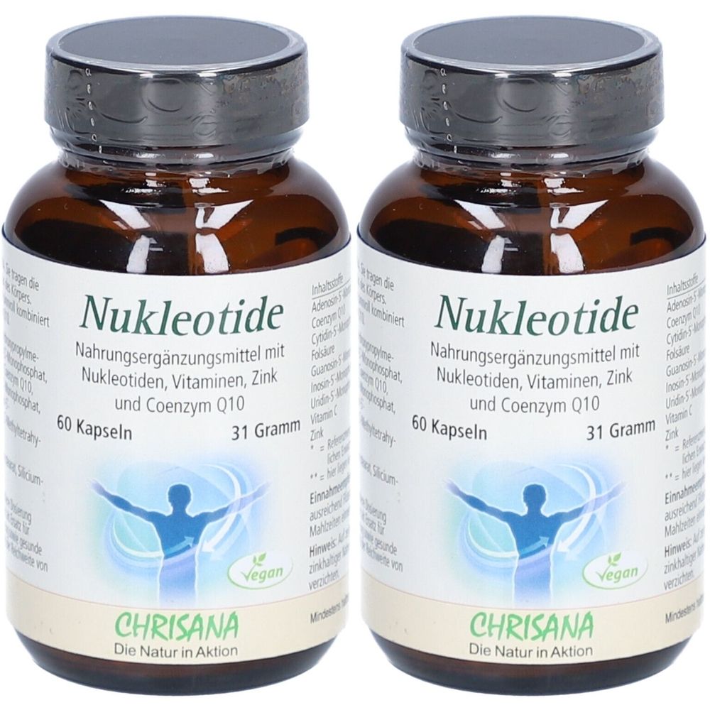 Zwei Flaschen Nukleotide. Braune Glasflaschen mit schwarzem Deckel und weißem Etikett. Aufschrift: Nukleotide, 60 Kapseln, CHRISANA.