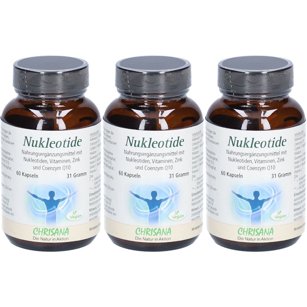 Drei braune Glasflaschen mit schwarzen Deckeln. Auf den Etiketten steht "Nukleotide", "CHRISANA" und weitere Informationen.