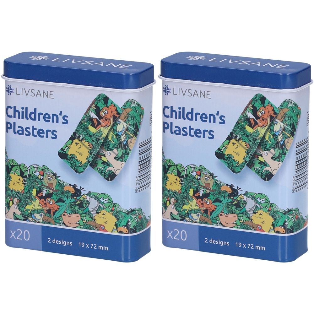 Zwei Metallboxen mit Pflastern. Aufschrift: LIVSANE Children's Plasters. Dschungelmotiv. 20 Stück, 2 Designs, 19 x 72 mm.