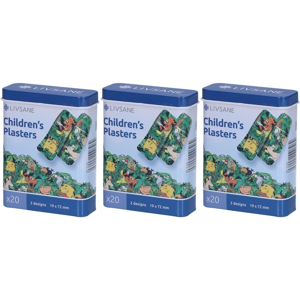Drei rechteckige Metallboxen mit blauen Deckeln. Aufschrift: LIVSANE, Children's Plasters. Pflaster mit Dschungelmotiv, 19 x 72 mm.