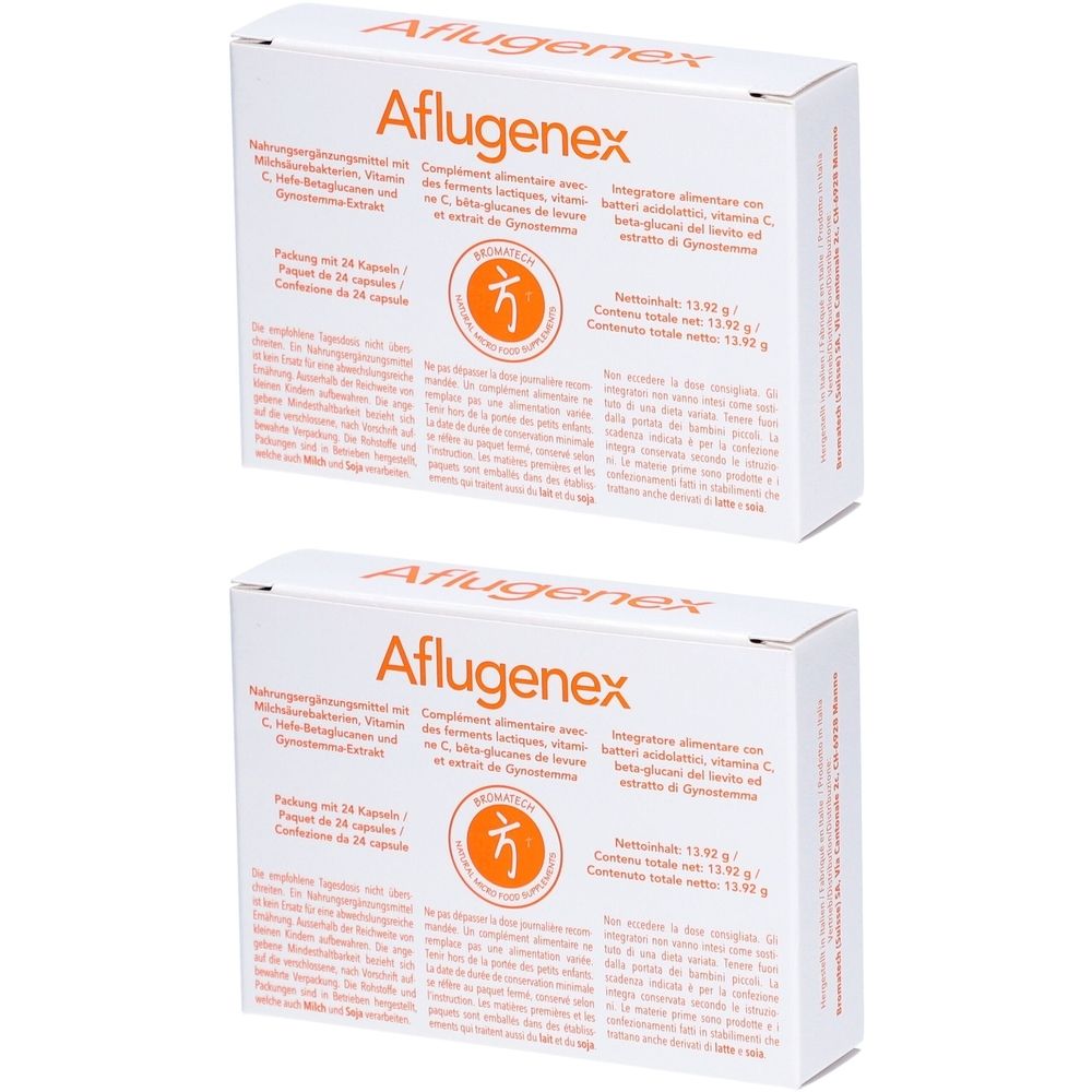 Deux boîtes blanches "Aflugenex". Inscriptions multilingues. Logo orange.
