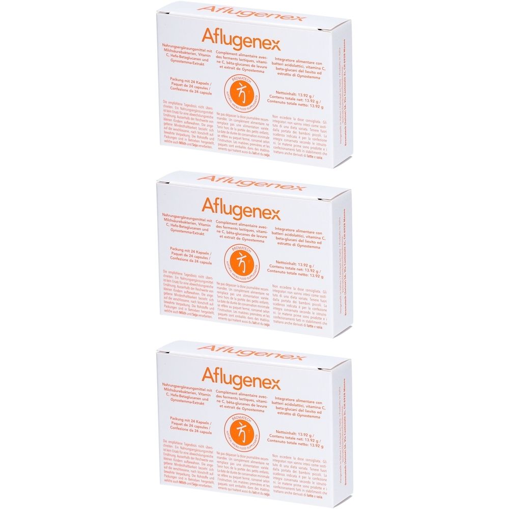 Trois boîtes blanches avec texte orange. Le mot "Aflugenex" est visible sur chaque boîte.