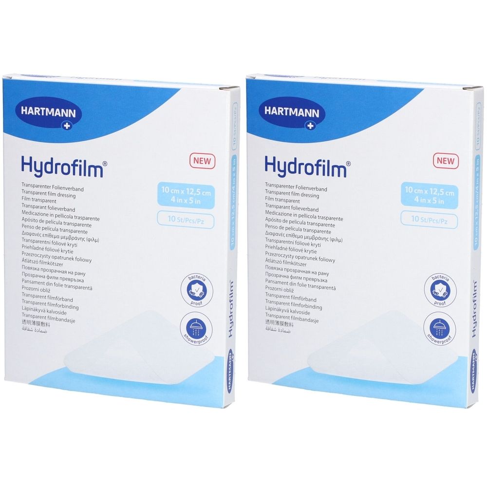 Zwei Kartons Hydrofilm von HARTMANN. Aufdruck: 10 x 12,5 cm, 10 Stück. Mit Logo und Qualitätszeichen.