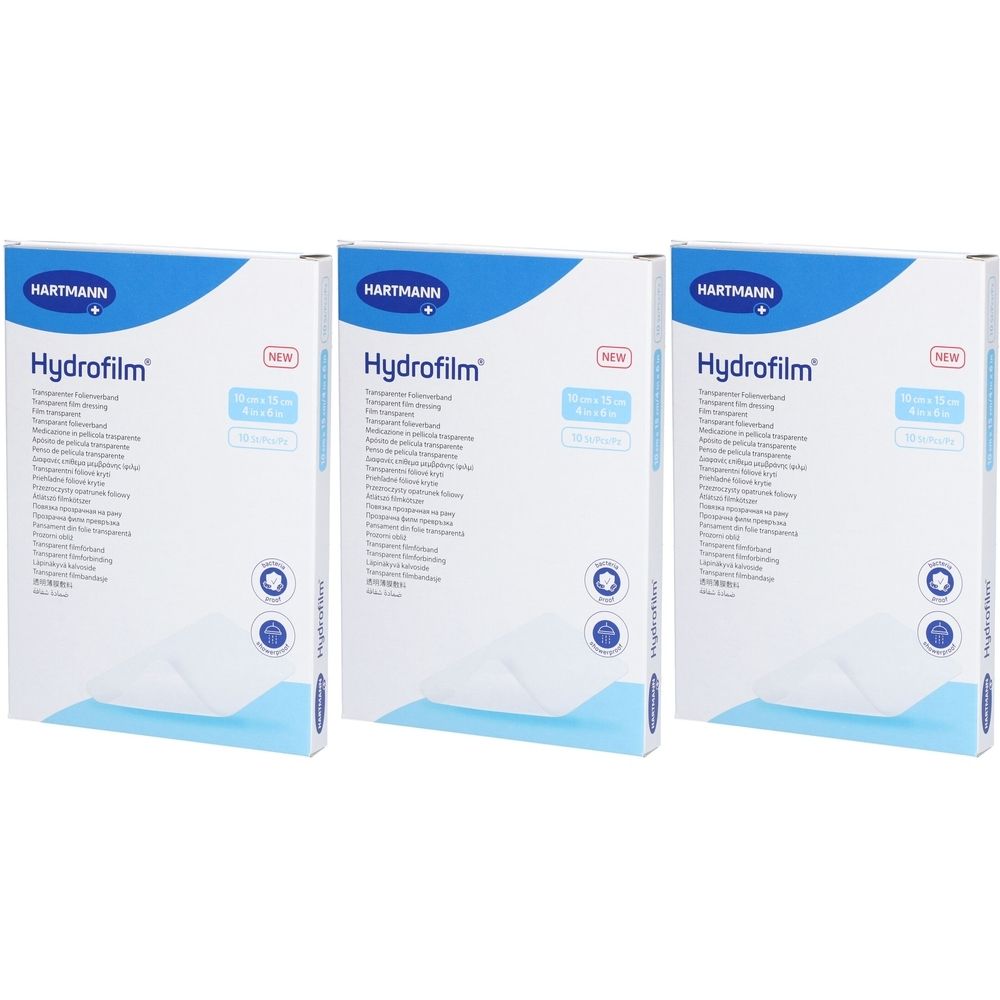 Drei Packungen Hydrofilm steriles Klebepflaster. Weiße Verpackung mit blauem Akzent. Aufdruck: HARTMANN, Hydrofilm, NEW.