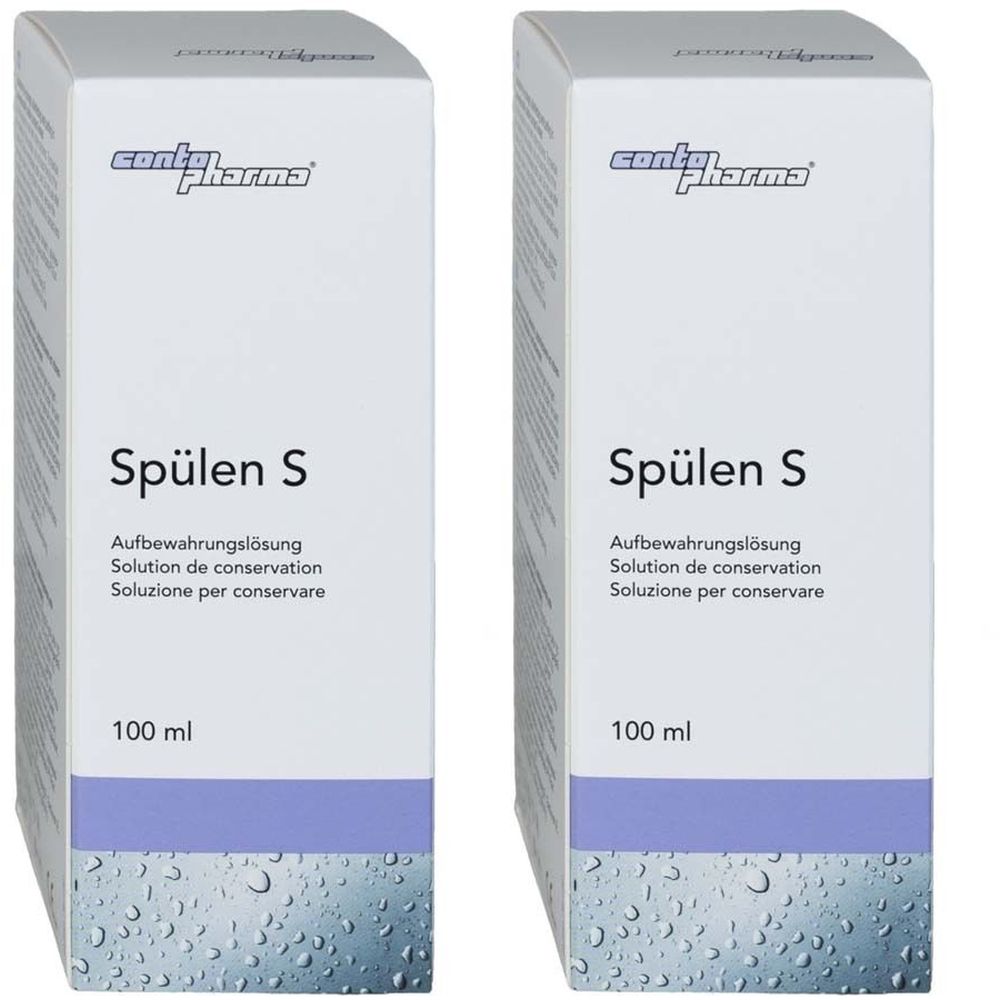 Zwei weiße Kartons mit Produktnamen Spülen S. Aufschrift: Aufbewahrungslösung, 100 ml. Marke: contopharma.